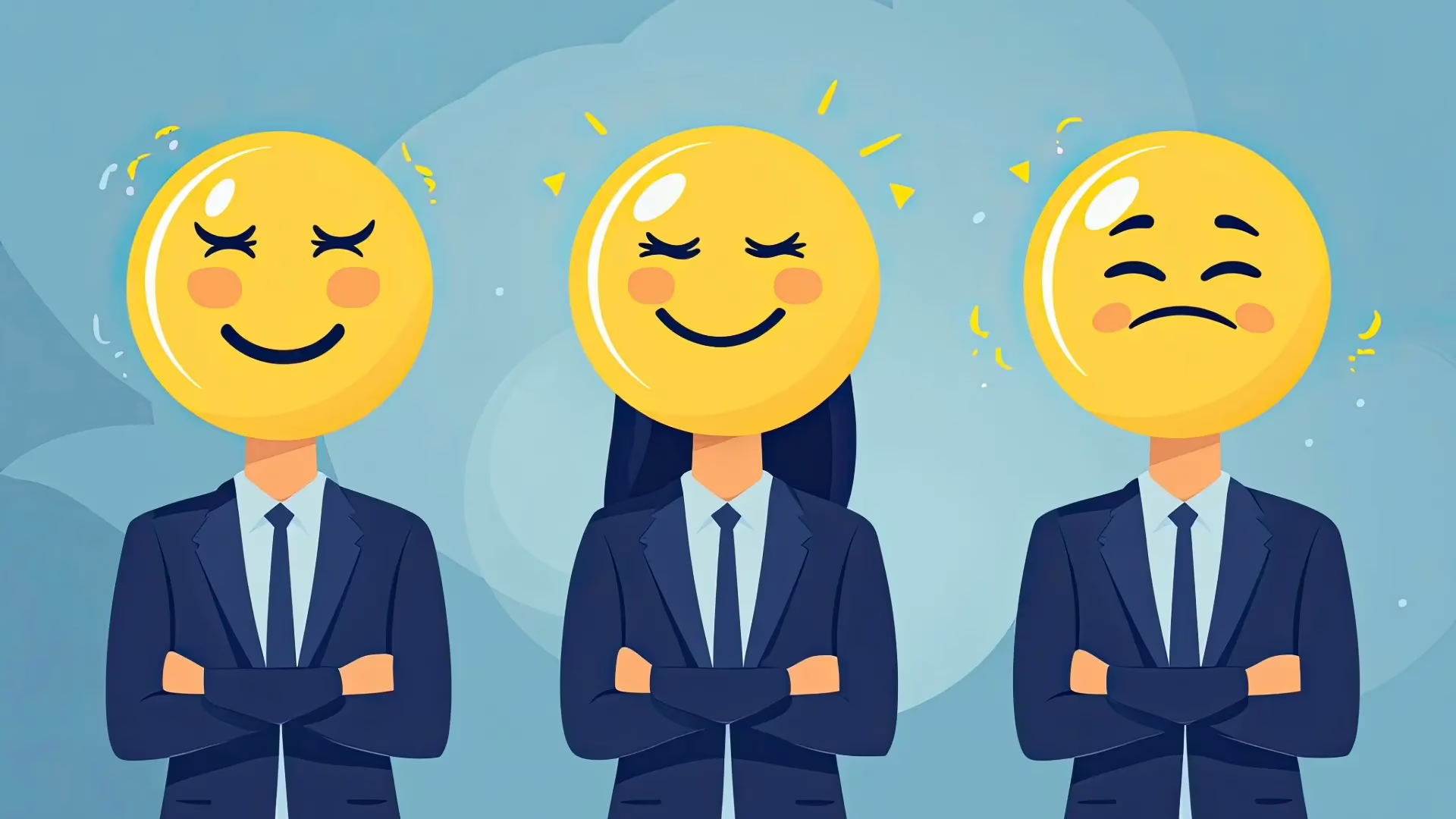 An illustration of two men and one woman in business suits with their arms crossed. All have emoji faces, each with a different expression.