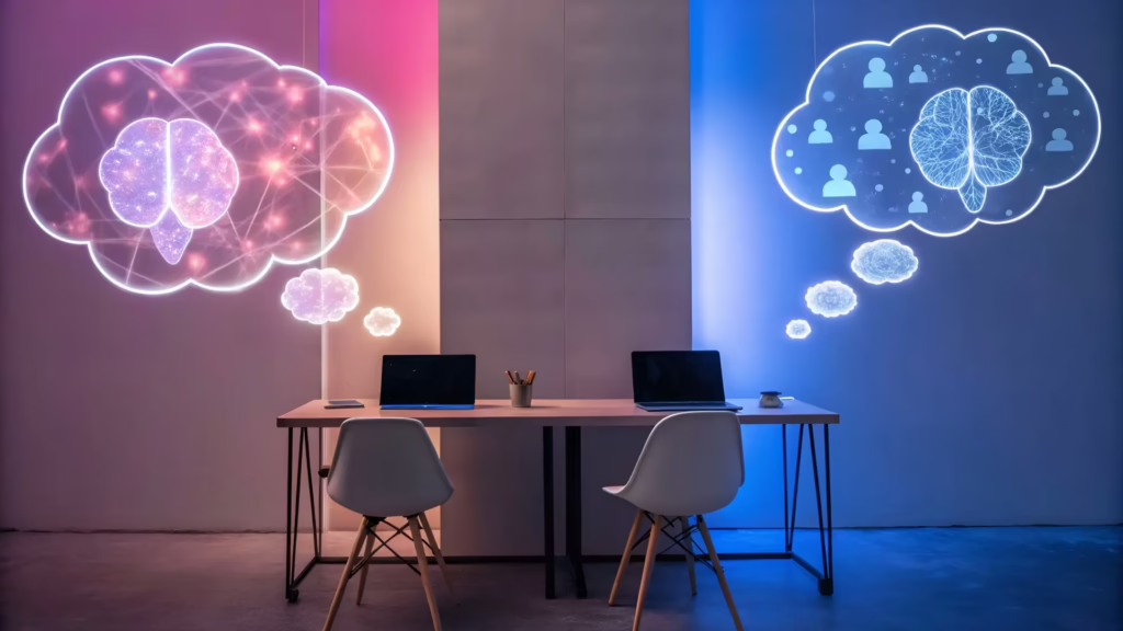 Two side-by-side workstations in an office. Each has a thought bubble with a brain or thoughts floating in it. 