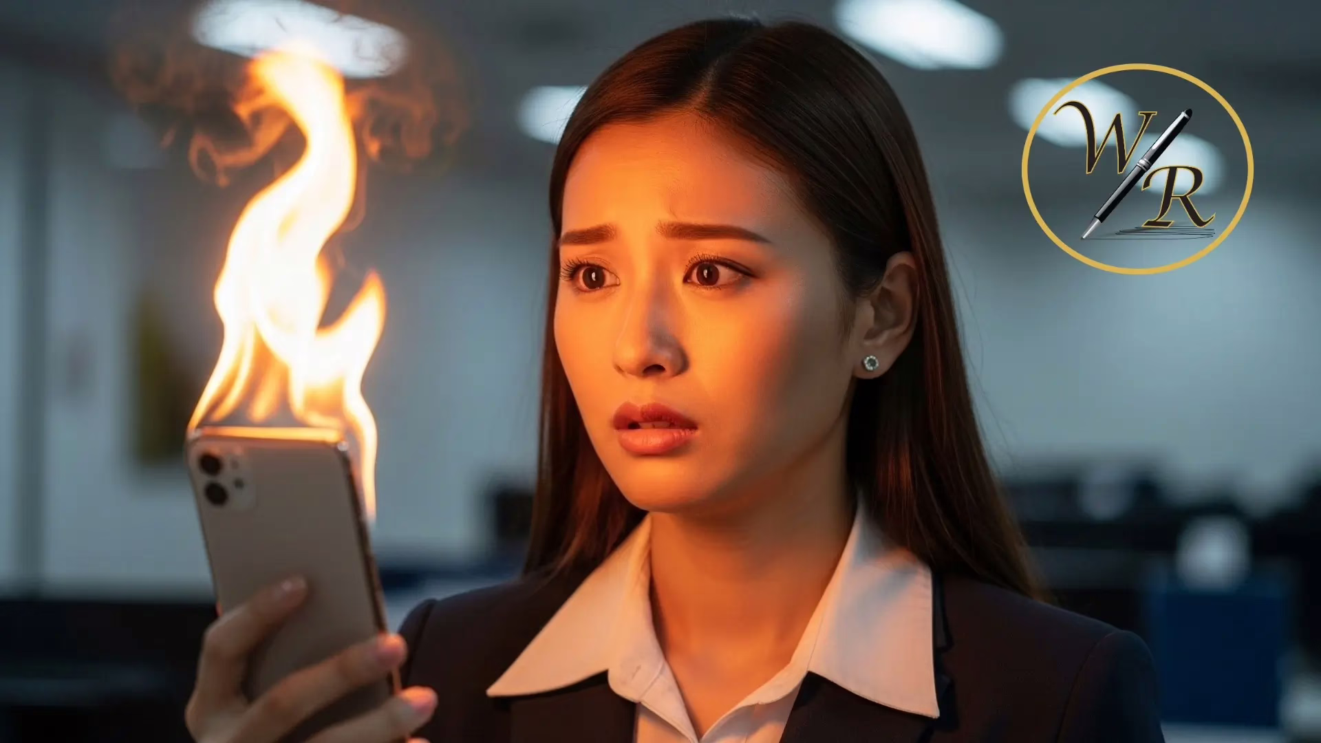 A woman stares at her mobile phone, while it's on fire. She's worried about proving defamation.